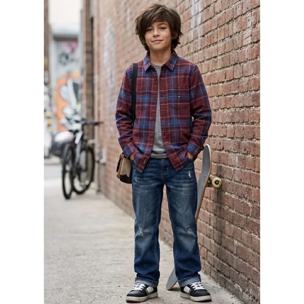 New DC Kids Big Boys' Kingsmen Plaid Button-Down Long Sleeve Shirt Size 11-12 Y